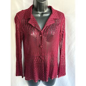 Vintage Mica Wine Red Burgundy Crochet Mesh Top Button Down Size 2 Retro 90s